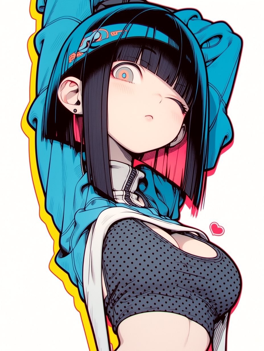 Ein Mädchen im Anime-Stil posiert seitlich zur Kamera und trägt einen blauen Kapuzenpullover sowie ein tiefblaues gepunktetes kurzes Oberteil, das ihren modischen Look zur Geltung bringt