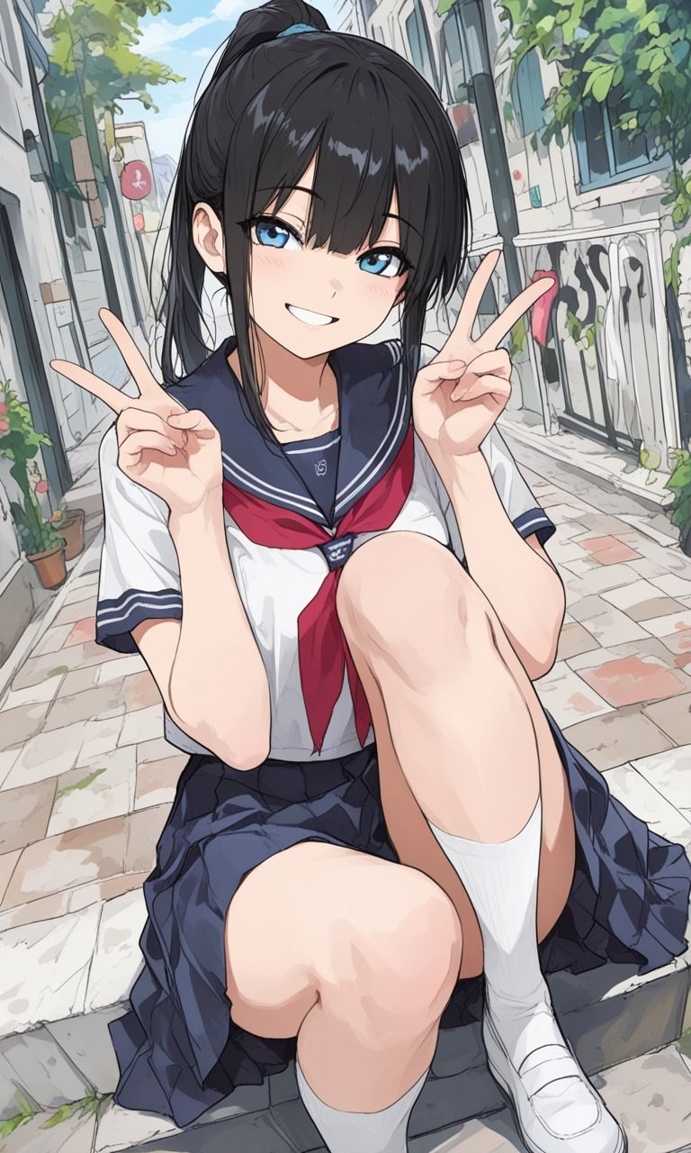 Uma garota de anime em um uniforme de marinheiro sorri e faz o sinal de V