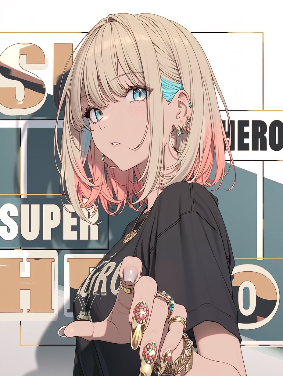 Uma personagem feminina no estilo de anime japonês posa confiantemente com cabelo curto dourado e pontas rosas, vestindo uma camiseta preta solta com acessórios dourados em um fundo vibrante