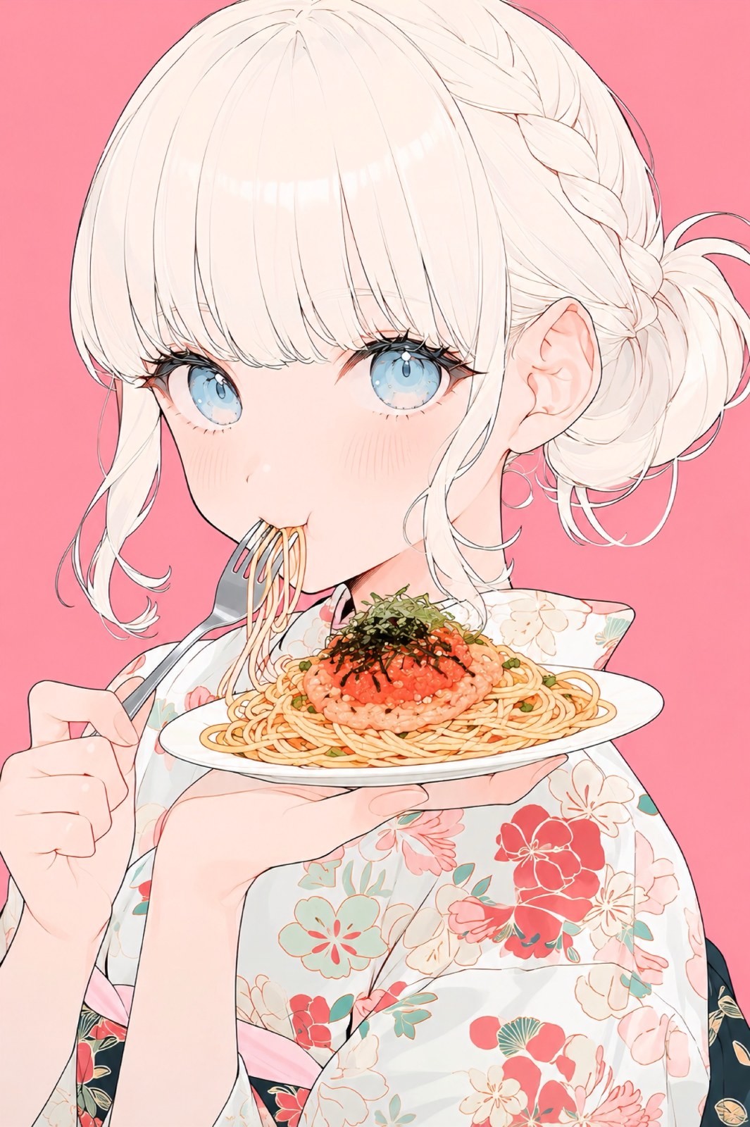 Ein Anime-Mädchen mit weißen Haaren und blauen Augen trägt einen Blumenkimono und isst italienische Pasta