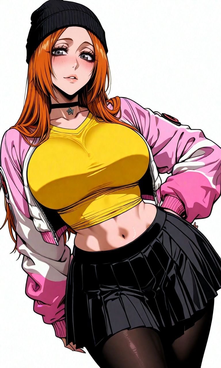 An orange-haired female anime character is wearing fashionable clothing