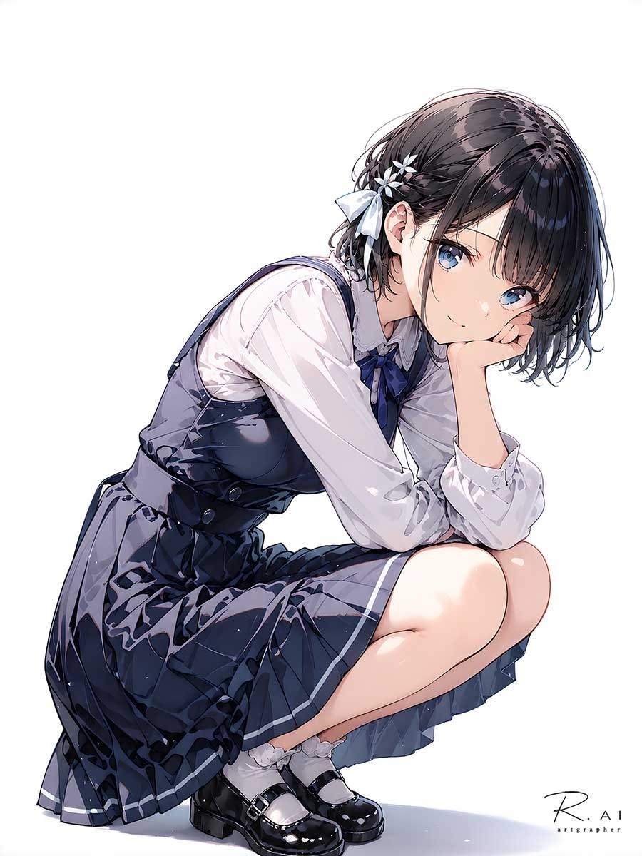 Une fille aux cheveux courts noirs portant une chemise blanche et une jupe bleu foncé est assise devant un fond blanc pur