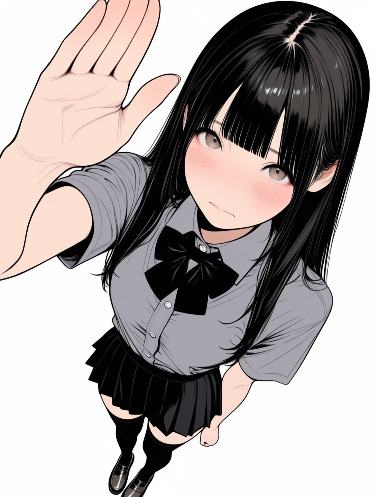 Ein schwarzhaariges Anime-Mädchen trägt ein graues T-Shirt und einen schwarzen Faltenrock