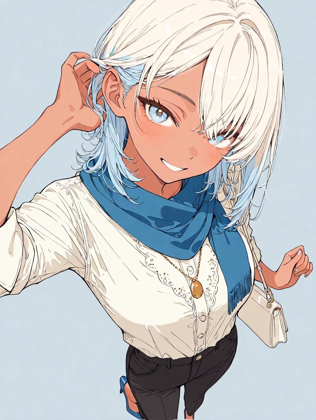 An anime woman with wheat-colored skin wearing a white lace shirt and blue scarf