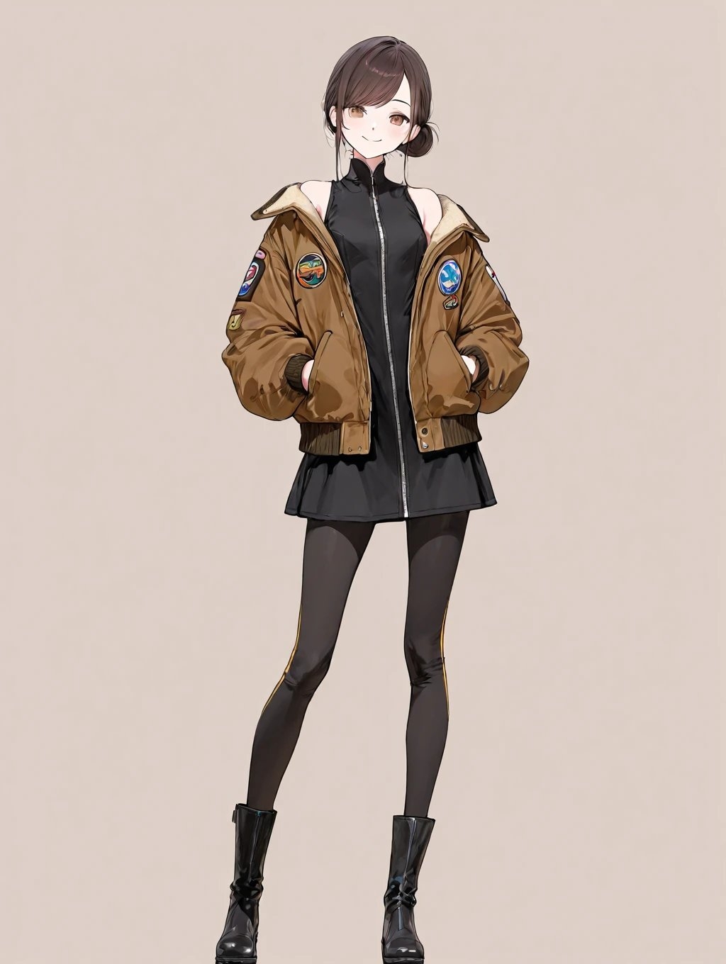 Anime girl with dark brown short hair wearing black sleeveless dress and brown pilot jacket