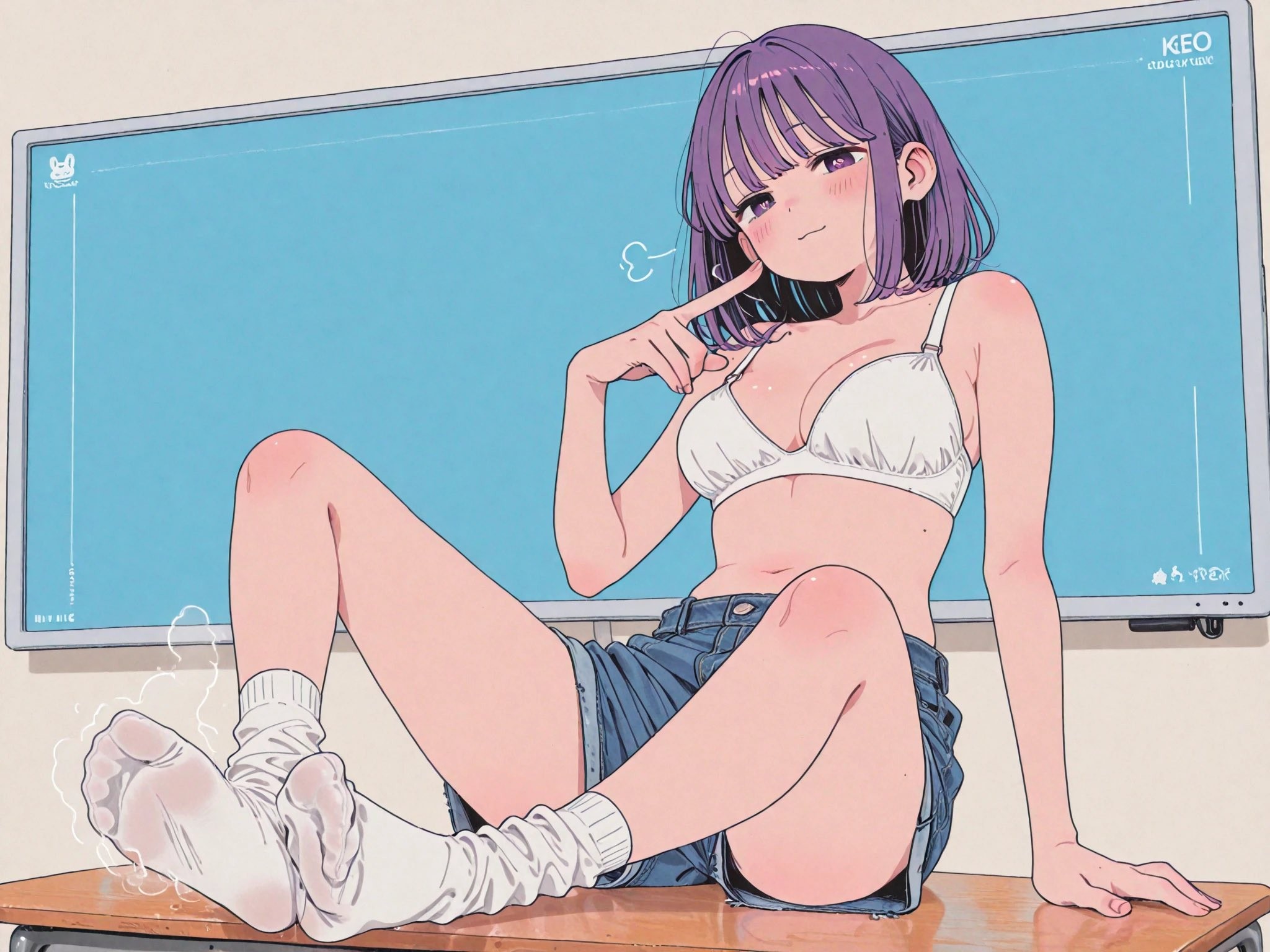 Garota de cabelo roxo com lingerie branca e shorts jeans sentada em madeira