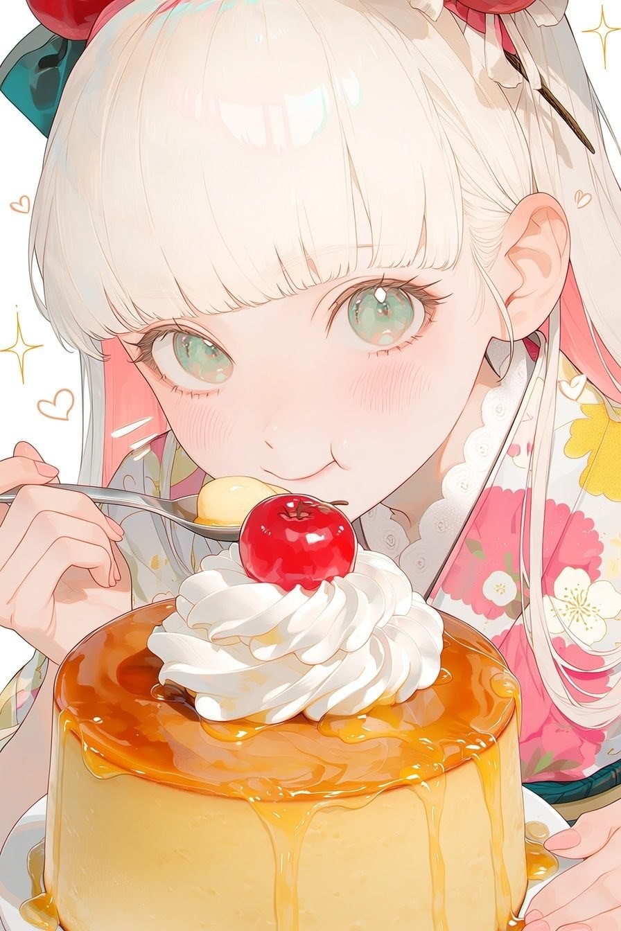 一位少女穿著花卉和服，手持布丁準備品嚐