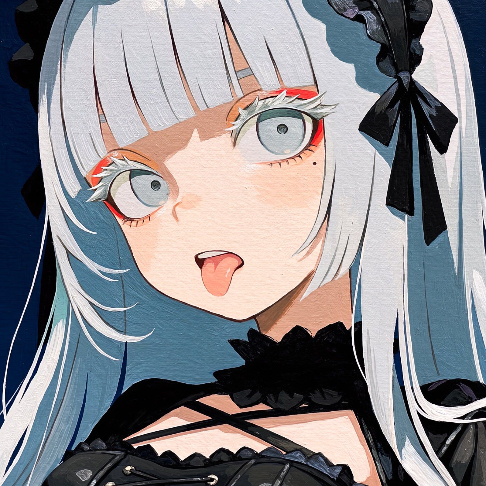 A portrait of an anime-style female character with silver long hair and a black bow, wearing gothic clothing