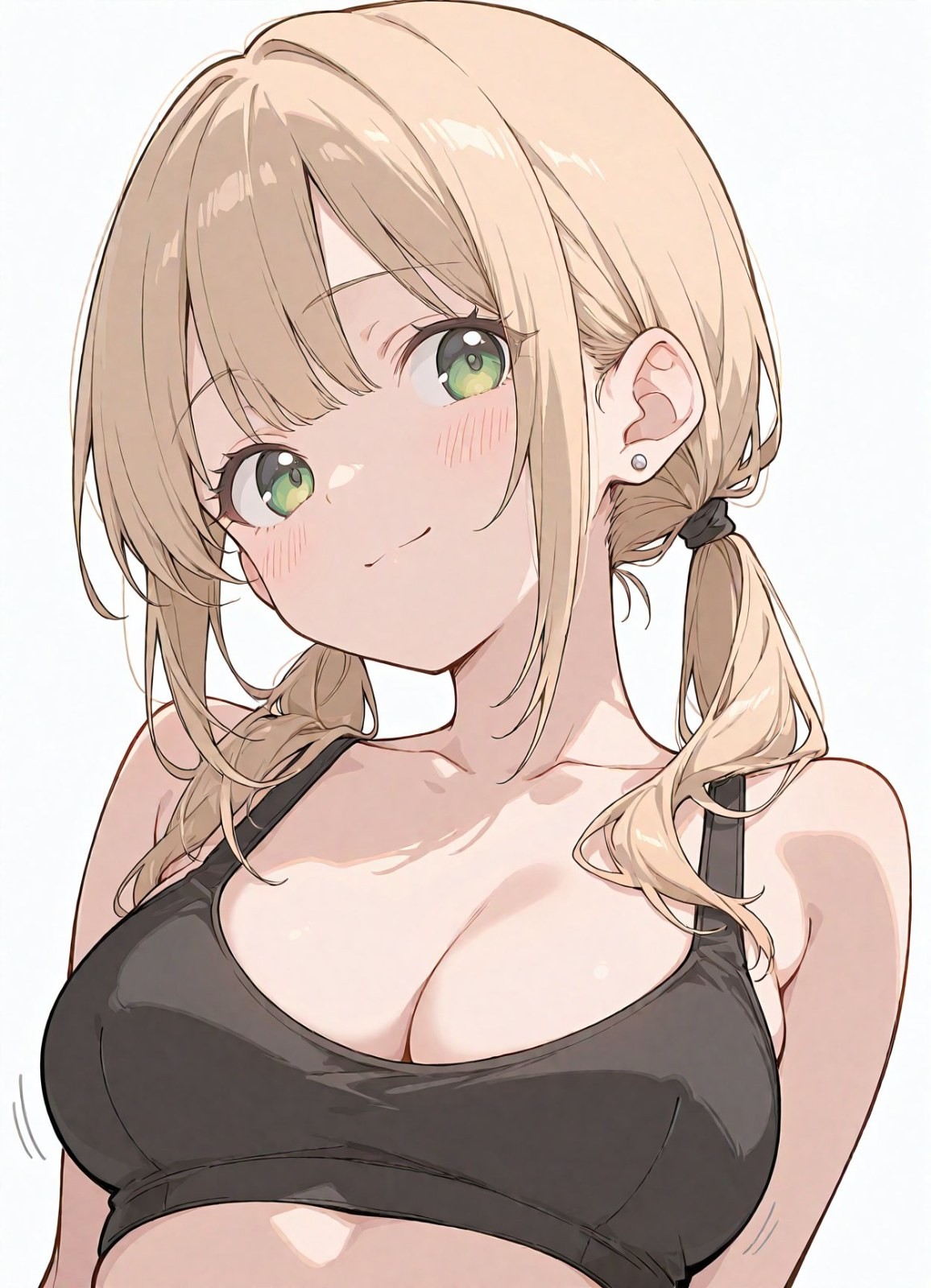 Personagem feminina estilo anime com rabo de cavalo loiro claro olhos verdes top esportivo preto meio corpo