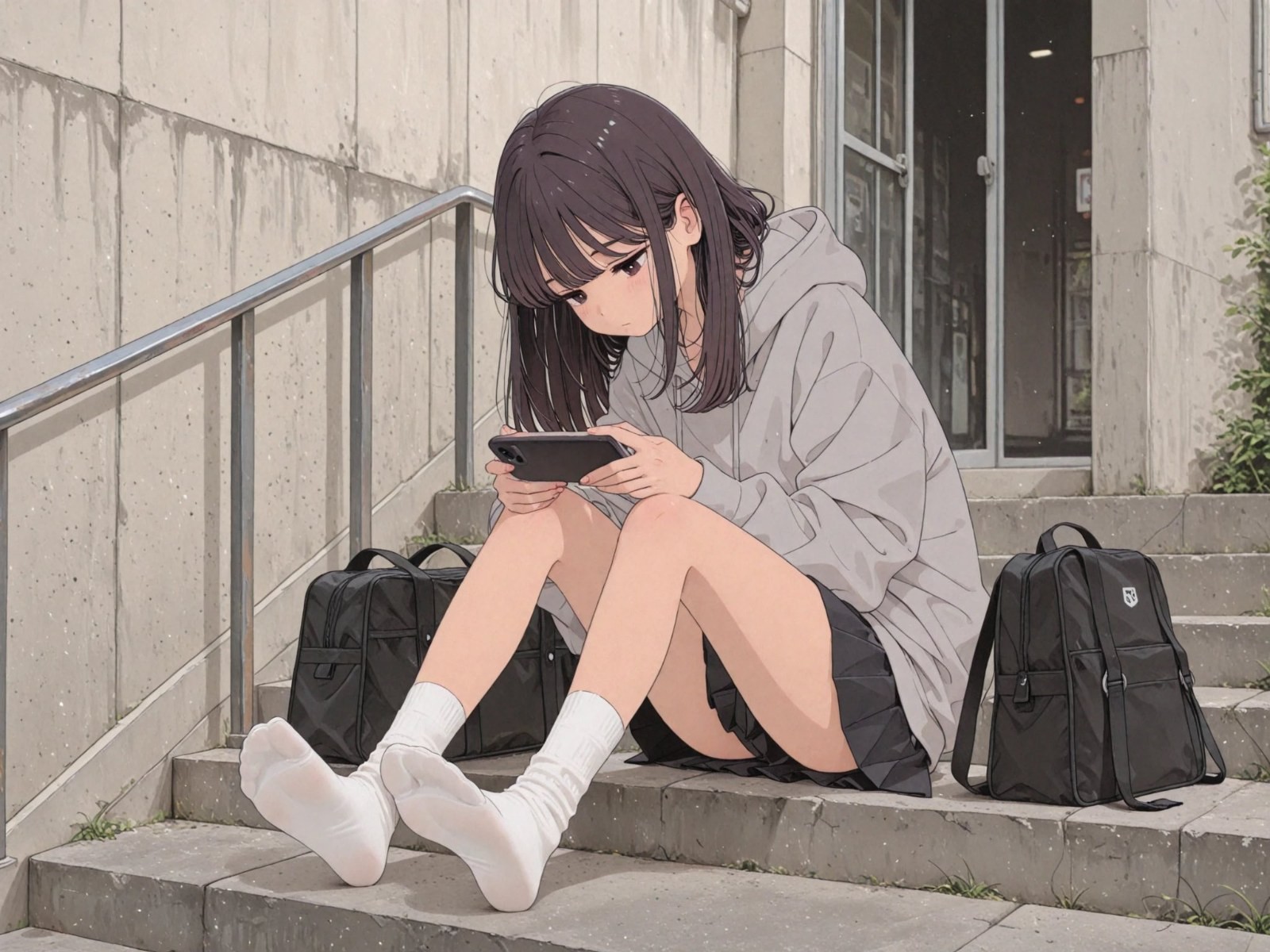 A black-haired girl in a light gray hoodie and dark pleated skirt is focused on her phone