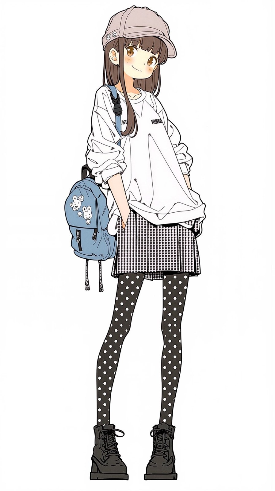 A brunette girl stands against a white background wearing a white long-sleeve top and a black and white plaid skirt