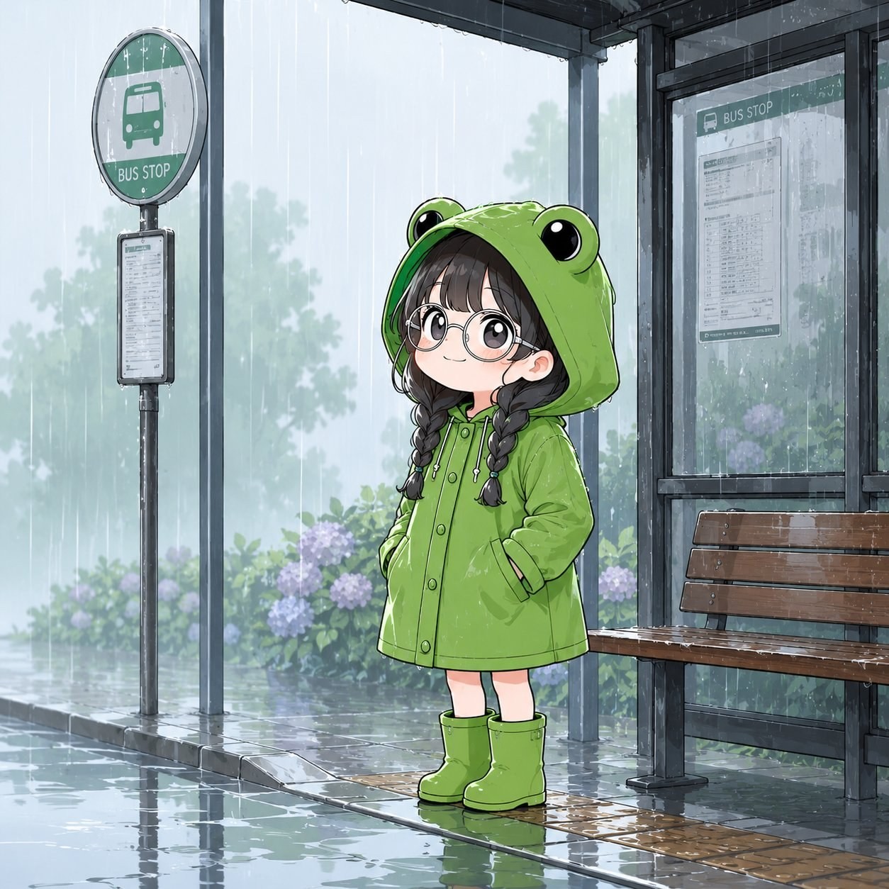 A cartoon girl in a green raincoat and boots is waiting at the bus stop