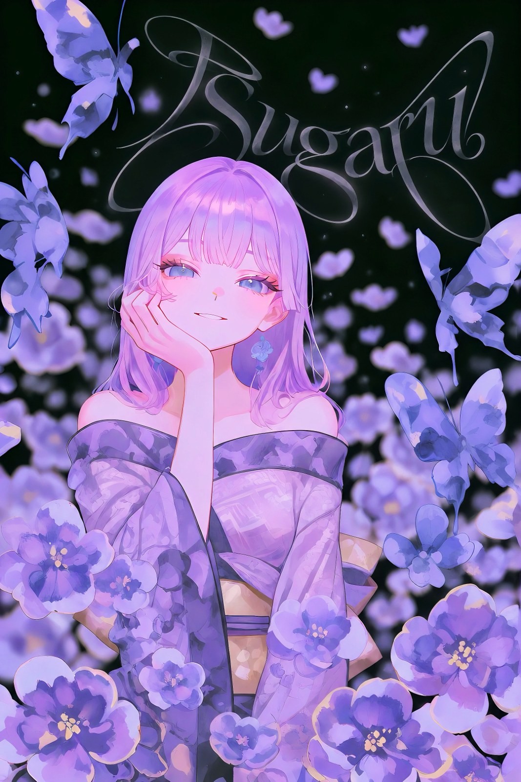 Uma garota de anime com cabelo curto rosa-púrpura usa um vestido roxo sem ombros, apoiando o queixo na mão e sorrindo