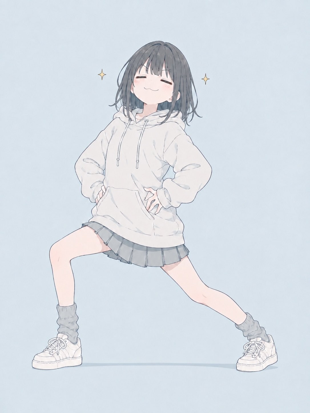 Anime-Stil Mädchen mit kurzen Haaren in einem weißen Hoodie und grauem Rock strahlt Selbstvertrauen aus