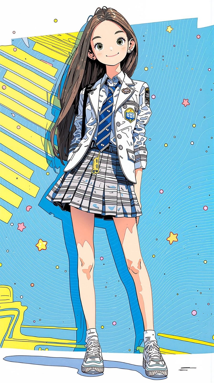 Anime-Stil Illustration eines braunhaarigen Mädchens mit weißer Uniformjacke und kariertem Faltenrock