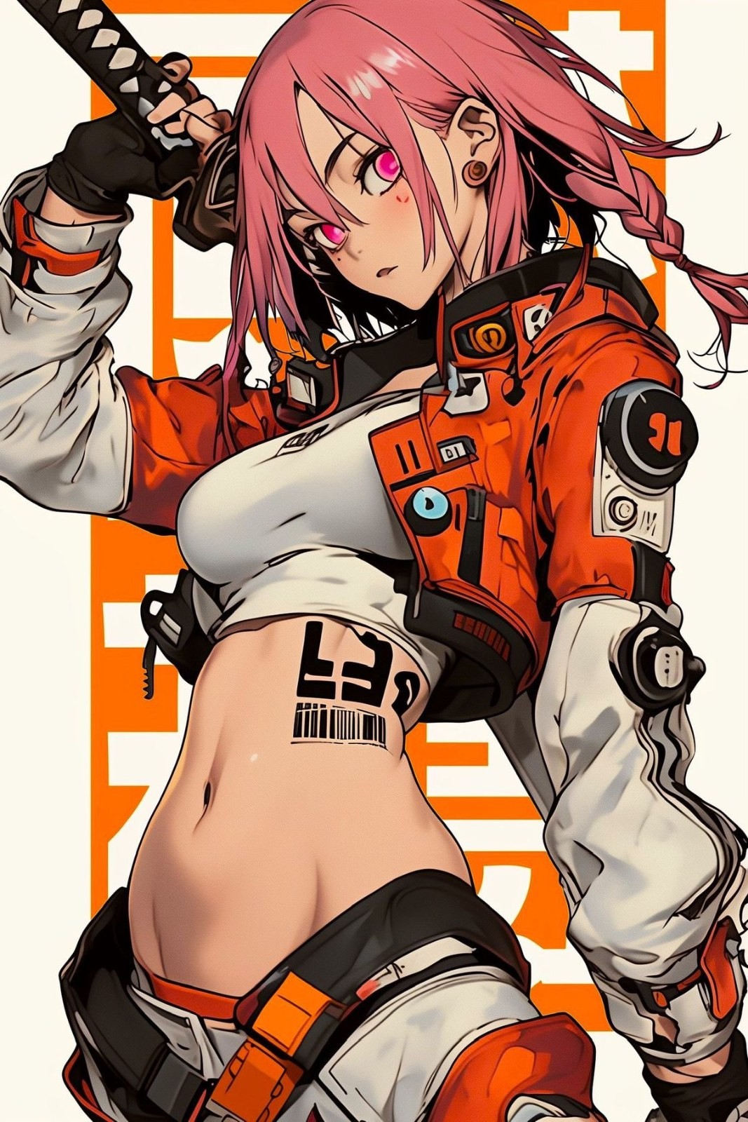粉髮女性角色穿橙白撞色短款外套和緊身露脐上衣，手持武士刀