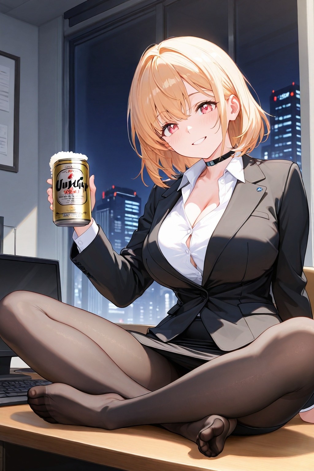 Eine blonde Frau lächelt und hält ein Bier im Büro
