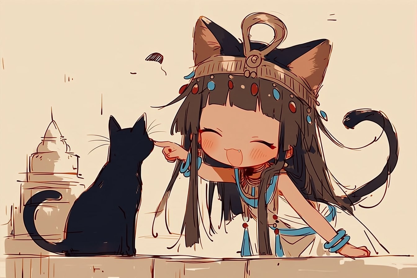 Chica con orejas de gato al estilo egipcio interactúa íntimamente con un gato negro