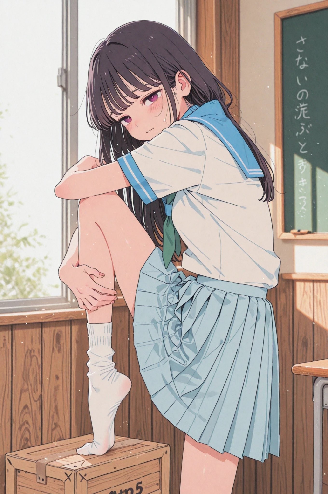 深紫髮紫瞳少女穿白色水手服坐在教室木箱上