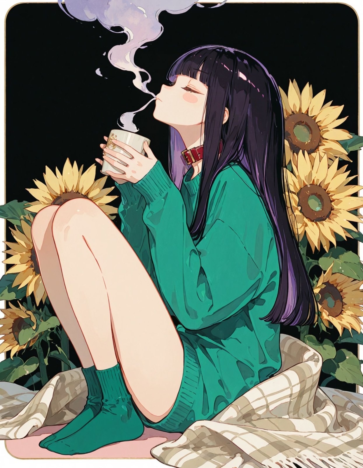 Ein Mädchen in einem grünen Pullover und Socken hält eine weiße Tasse und genießt einen Moment der Ruhe
