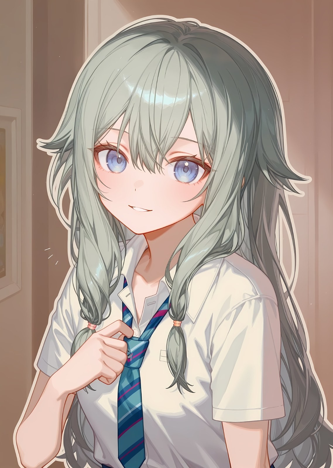 Uma garota de anime com cabelo verde e olhos roxos sorri enquanto usa uma camisa branca de manga curta e uma gravata listrada azul e roxa
