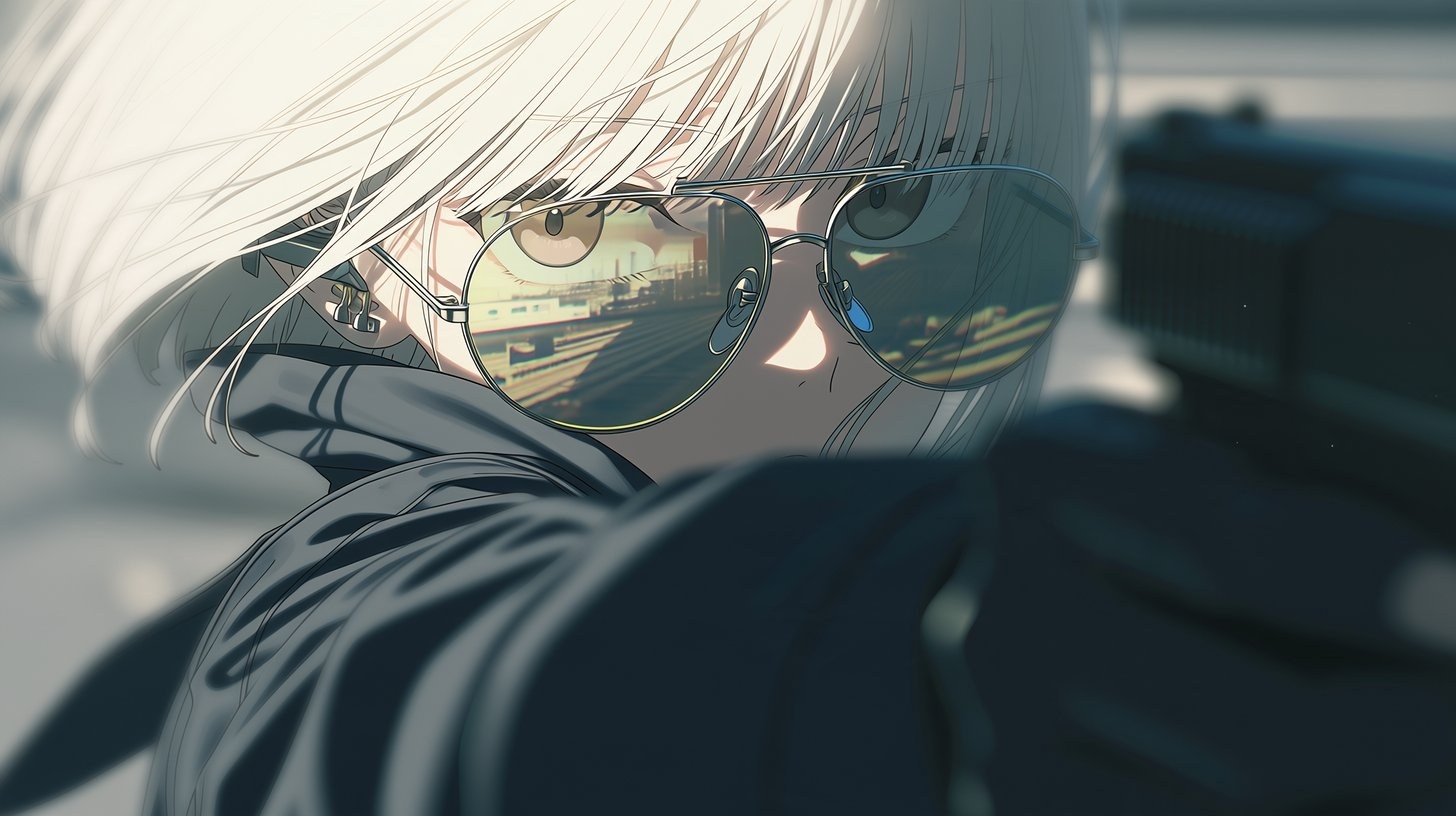A character with white hair and aviator glasses embodies the urban atmosphere