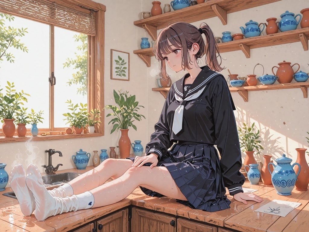 A brown-haired anime girl in a black sailor suit sits in a crafting room