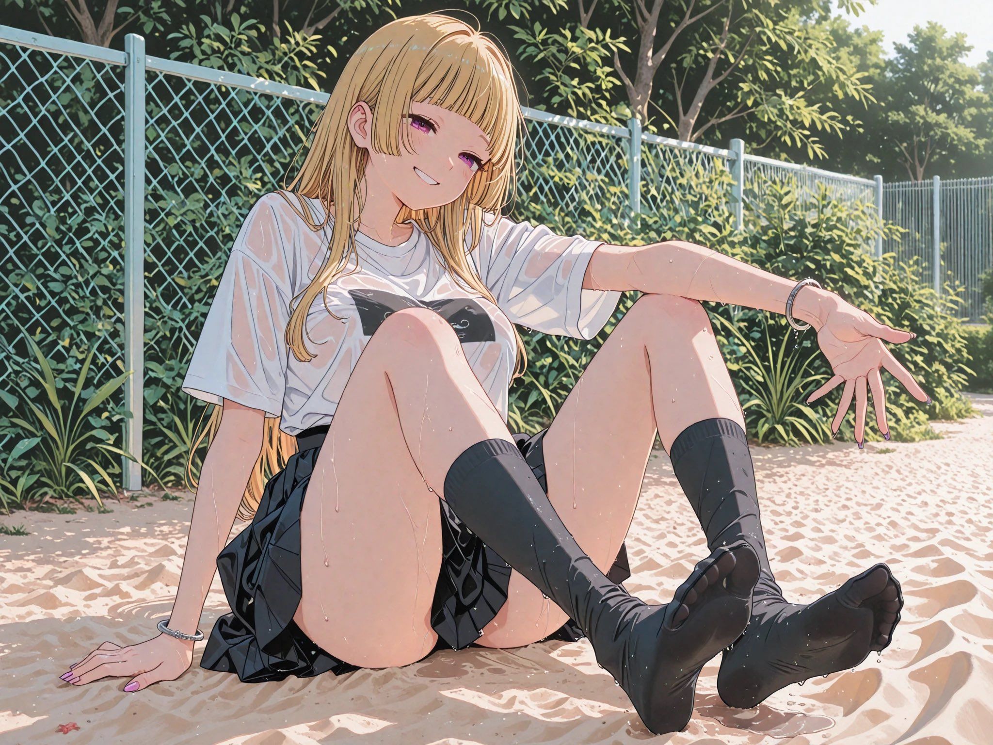 Fille blonde aux yeux violets portant un t-shirt blanc imprimé et une jupe plissée noire assise sur la plage idéale pour fond d'écran mobile