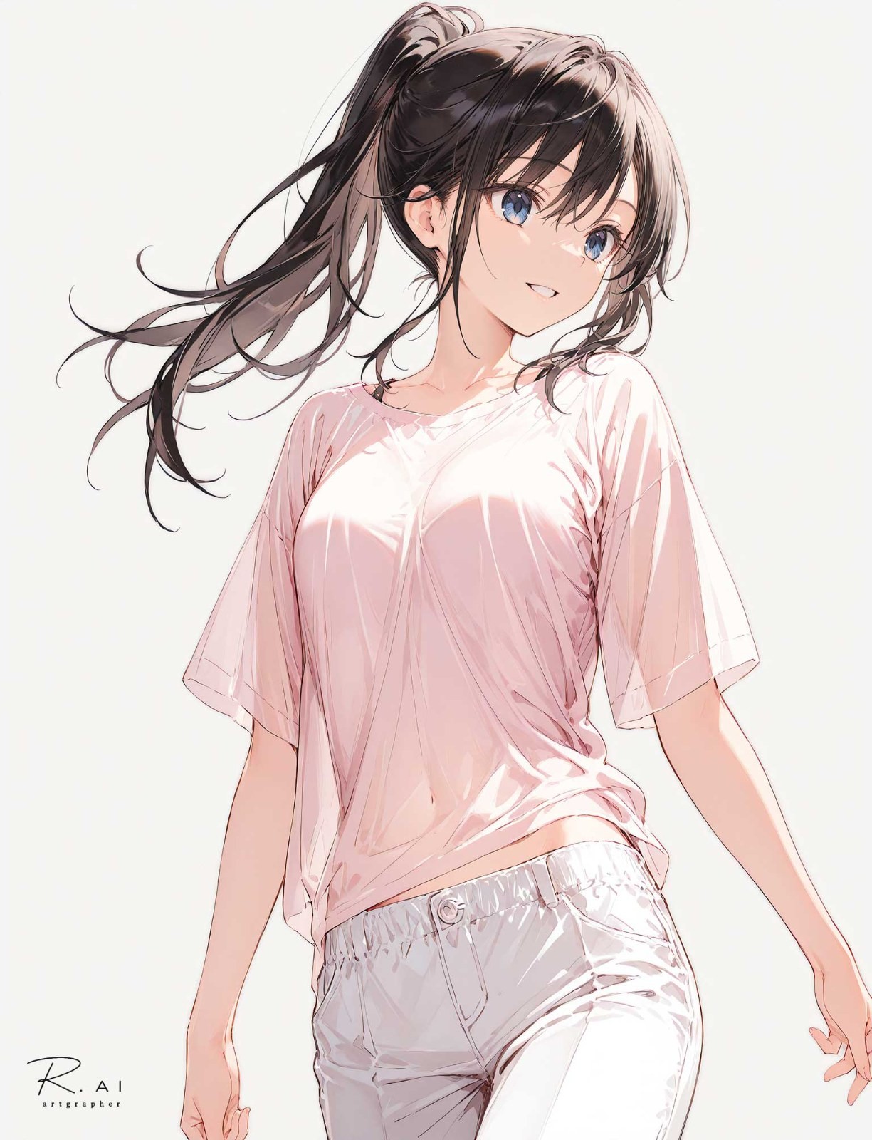 A young woman with blue eyes and black hair is presented in a Japanese anime style