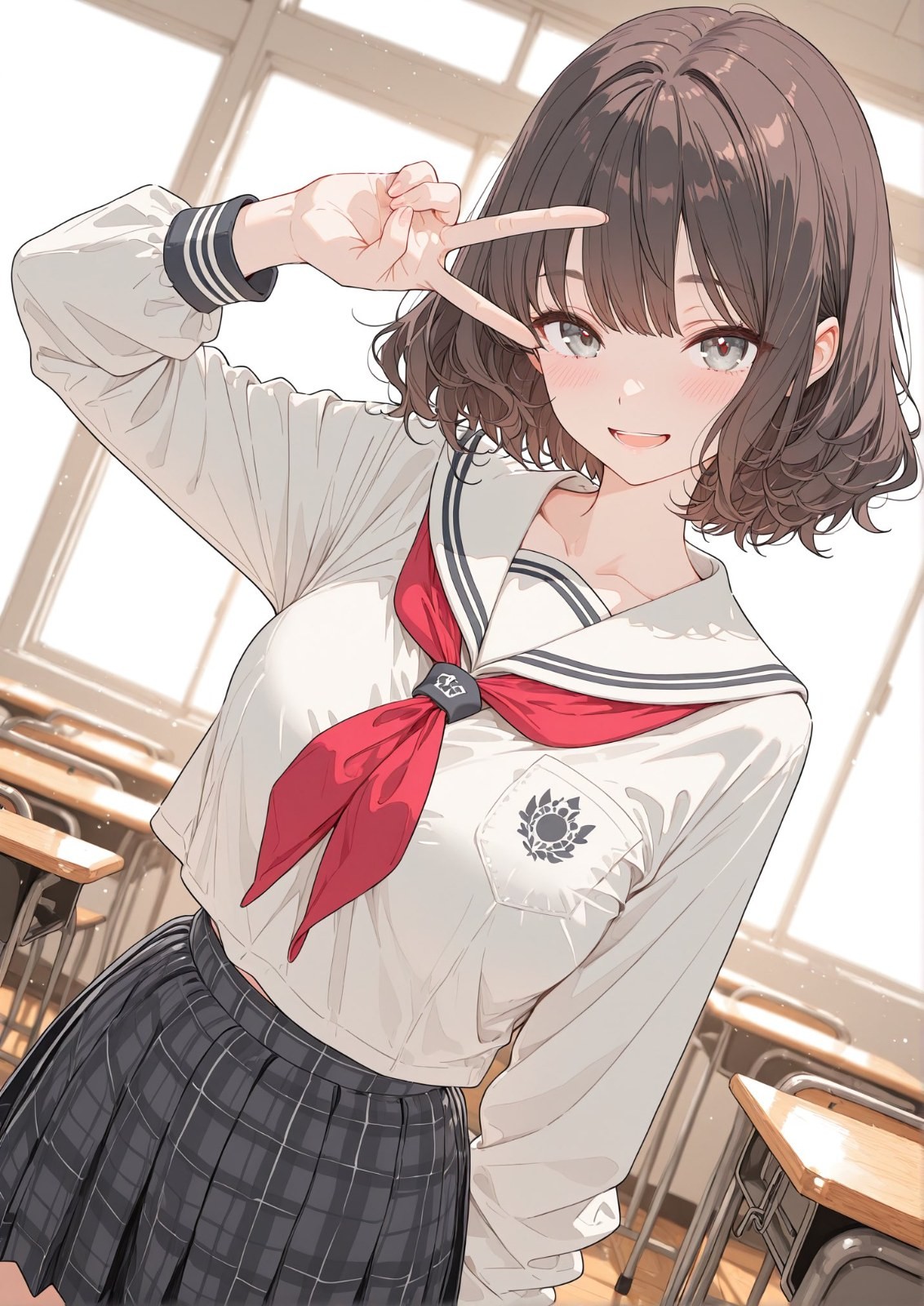 A girl in a sailor uniform smiles and makes a V sign in the classroom