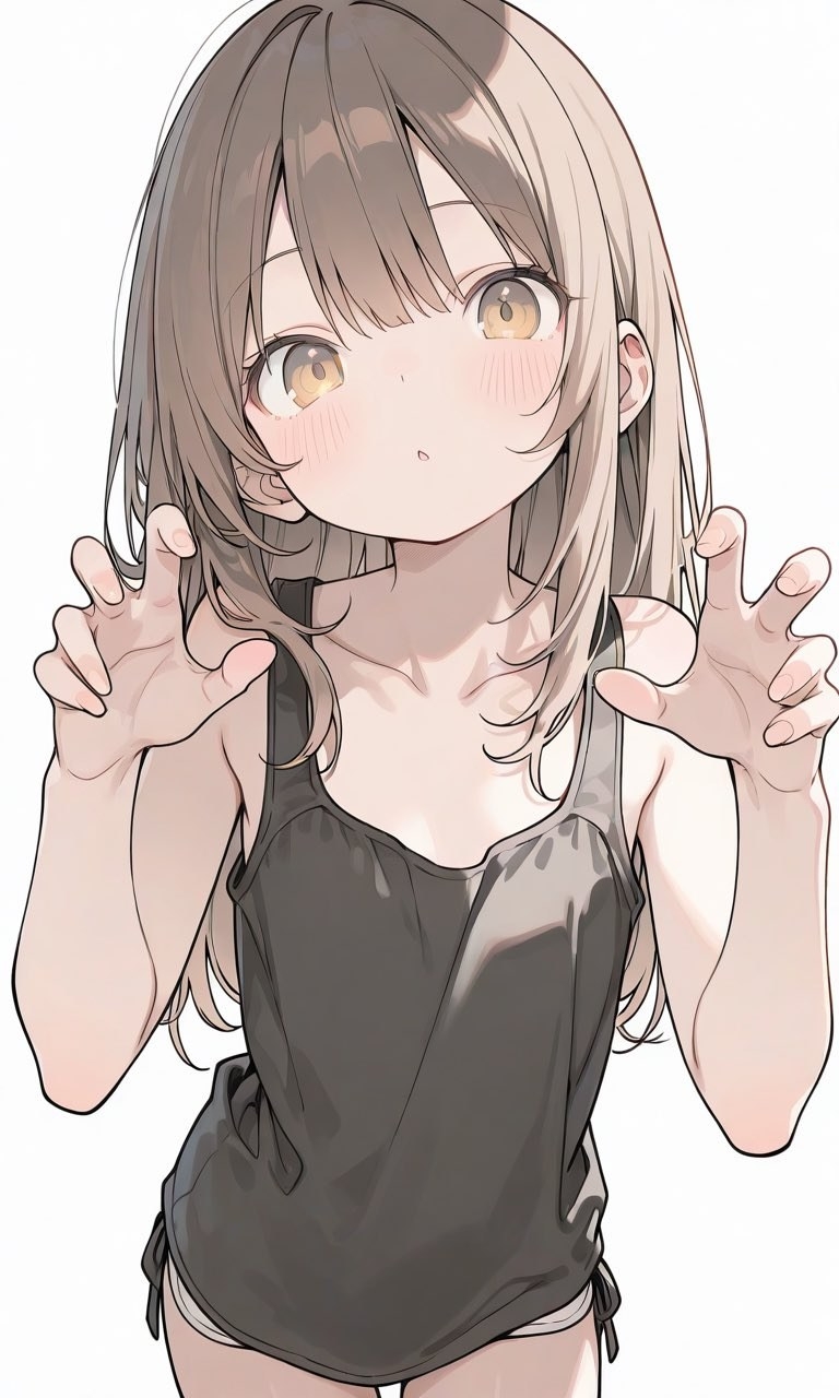 Anime-Mädchen mit hellbraunen Haaren trägt dunkles ärmelloses Oberteil mit verwirrtem Ausdruck