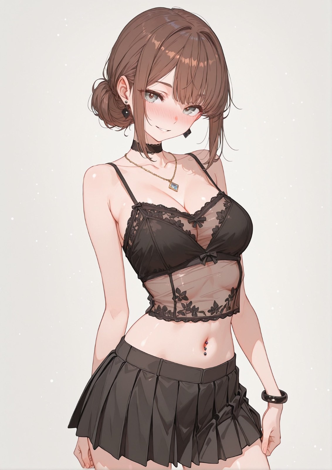 A brown-haired female anime character is wearing a black lace corset and skirt