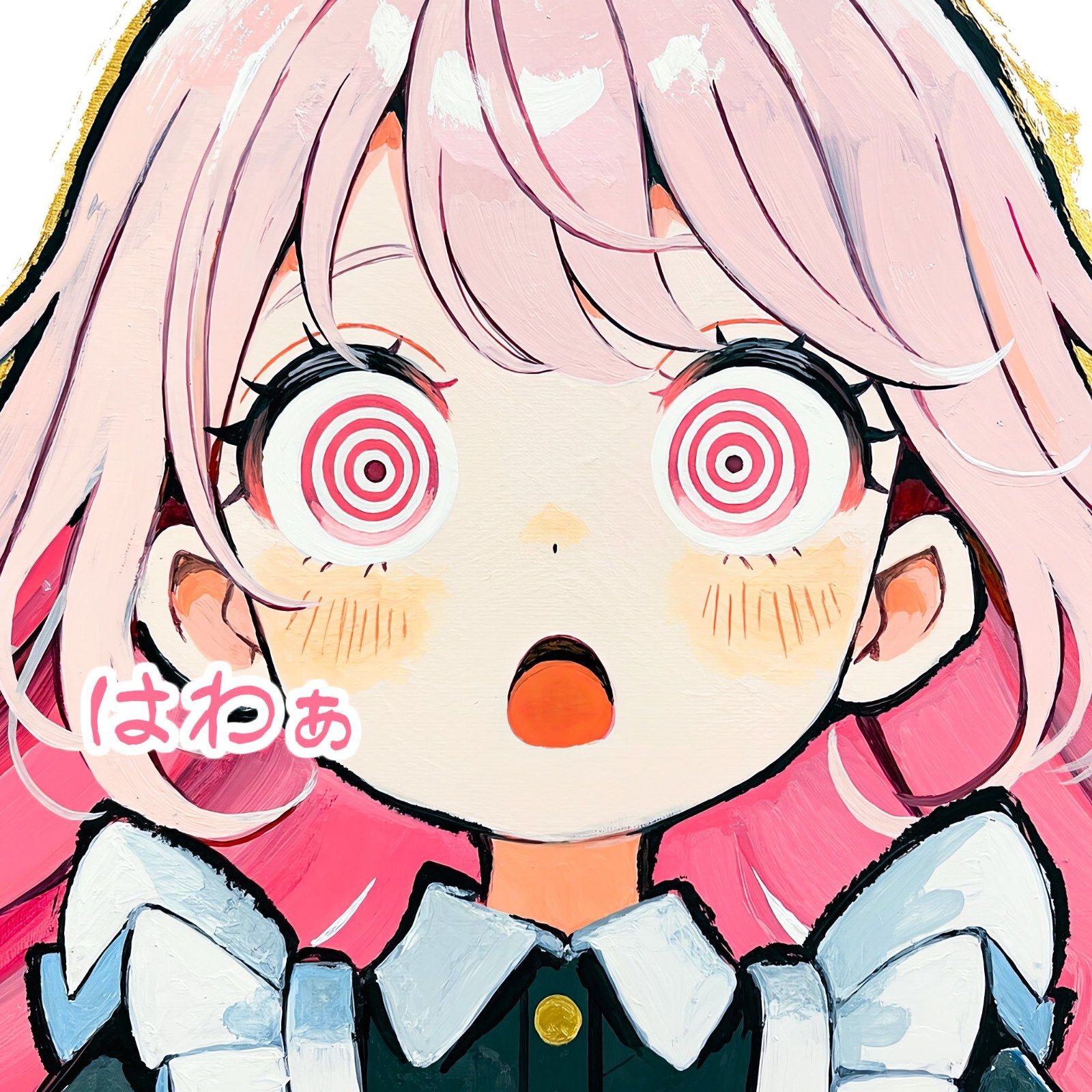Uma pintura em óleo em close-up de uma garota de anime com cabelo curto rosa e expressão surpresa vestindo uma jaqueta rosa