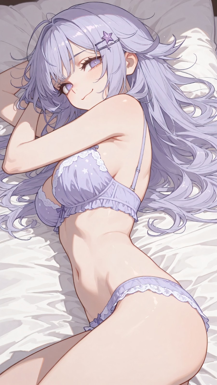 A girl lies on the bed wearing a light purple lingerie set with a star-shaped hairpin