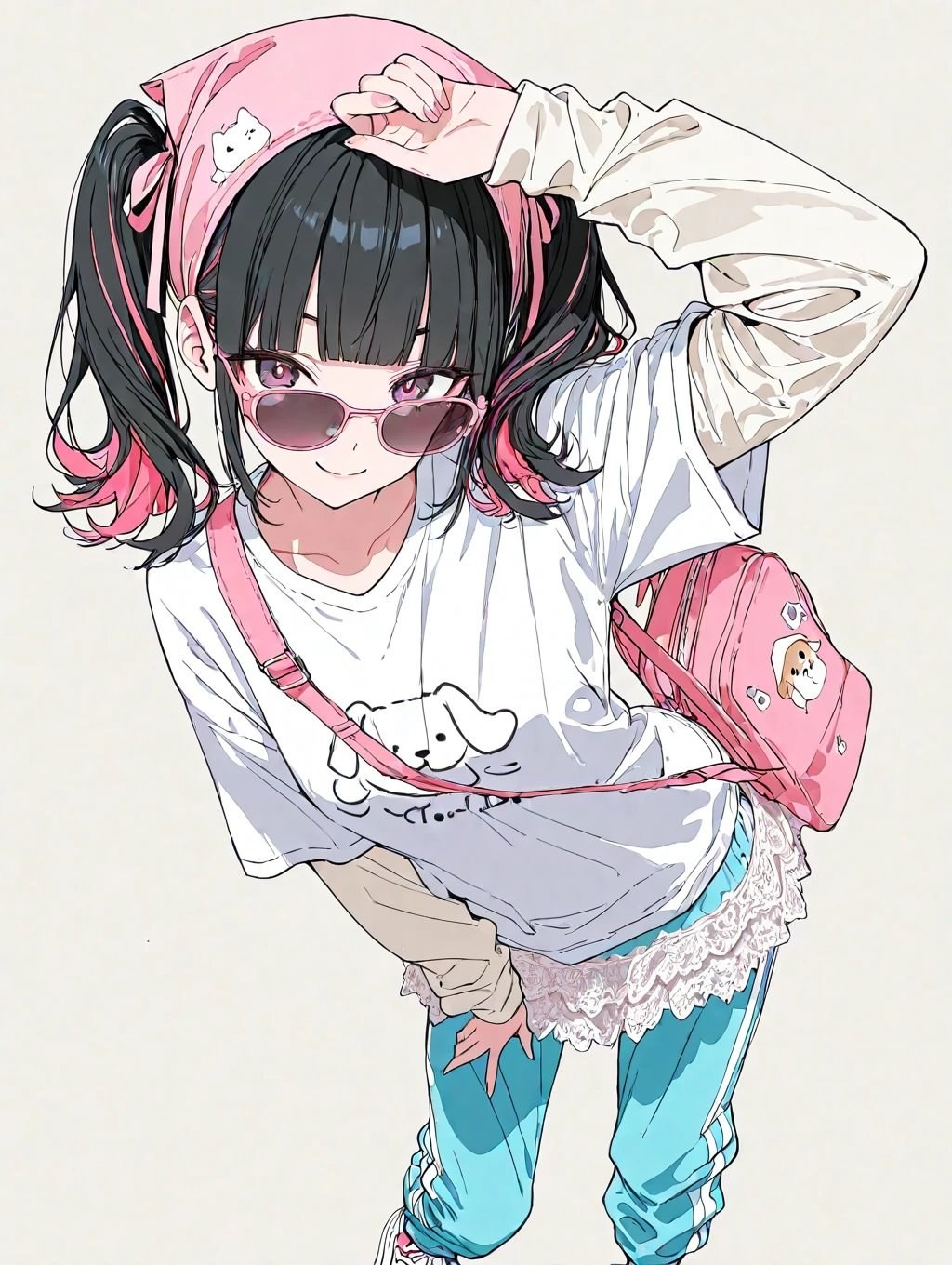 Uma garota de estilo anime com dois rabos de cavalo pretos vestindo roupas fofas