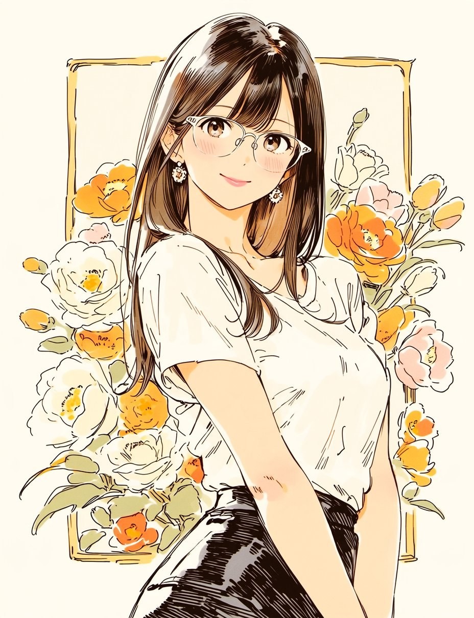 A girl is wearing a white short-sleeve top and shiny black bottoms, with thin-frame glasses and delicate earrings