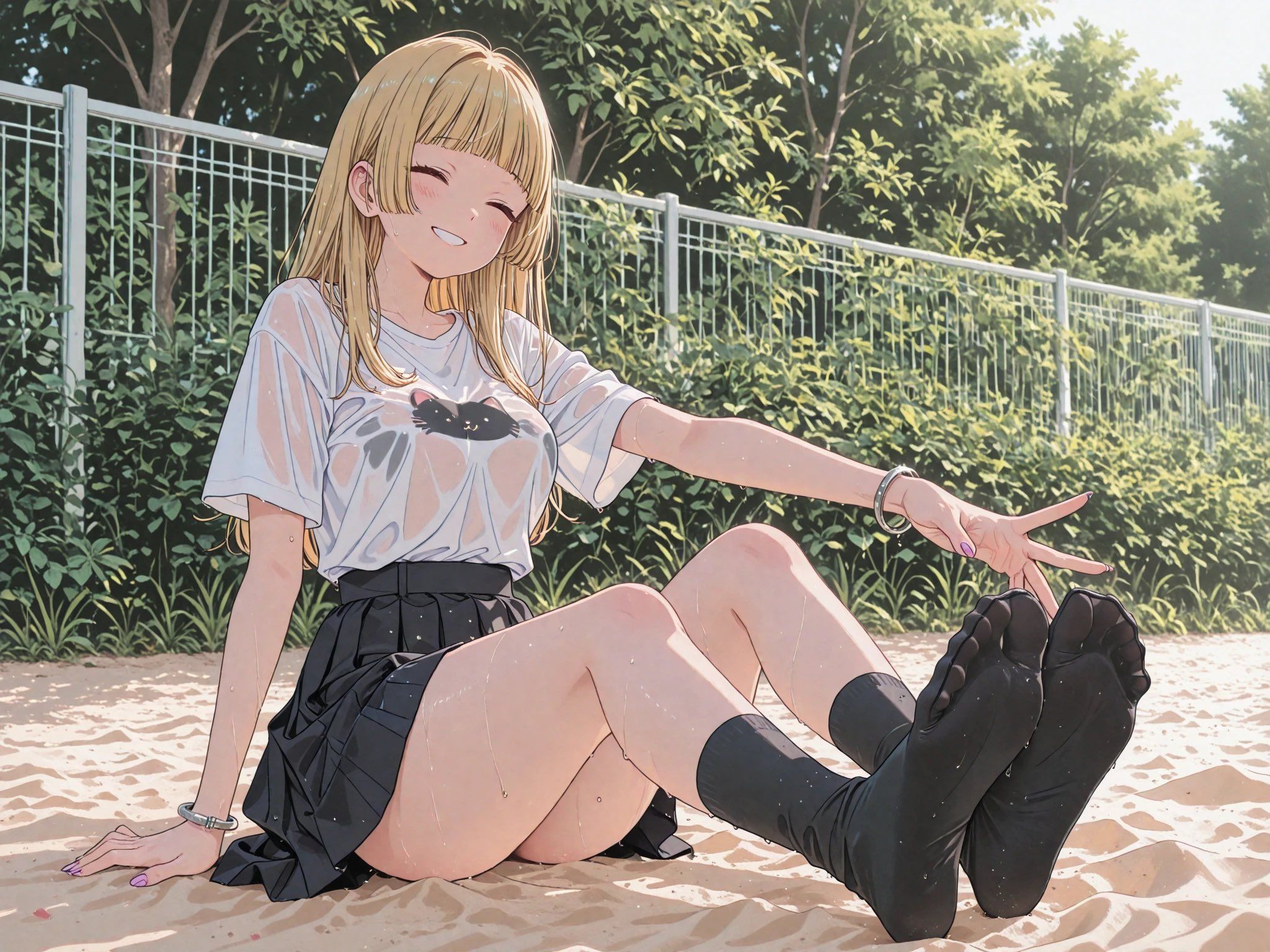 Chica rubia con camiseta blanca transparente y falda negra sentada en la playa perfecta para fondo de pantalla