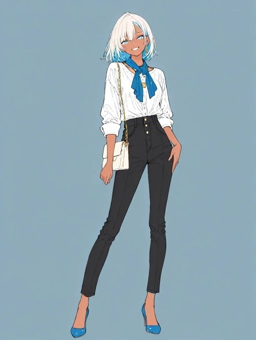 Dark-skinned anime female character with silver short hair wearing a white shirt and black high-waisted pants paired with blue high heels