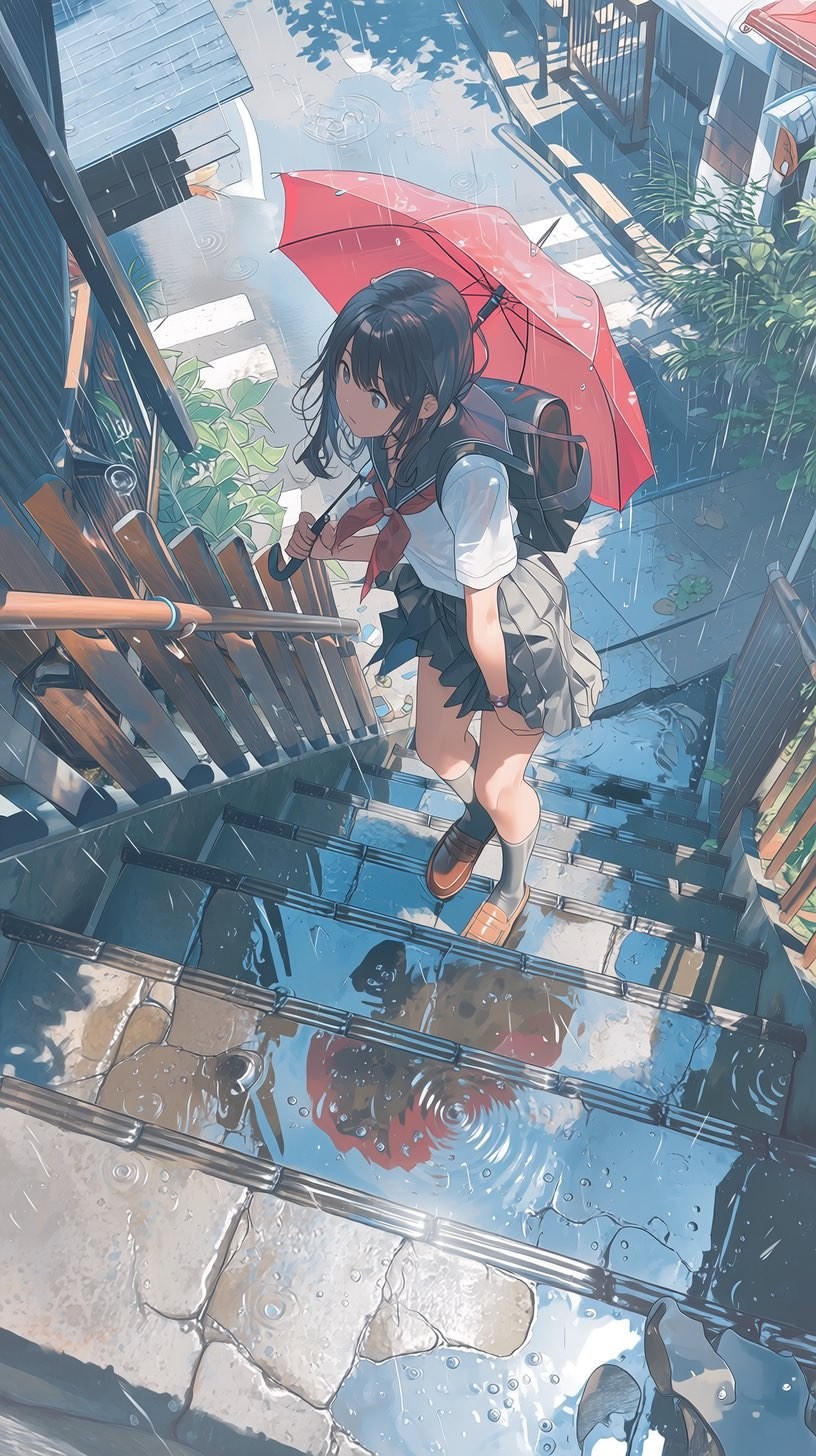 黒髪の少女がセーラー服を着て赤い傘を持って雨の中を歩いている