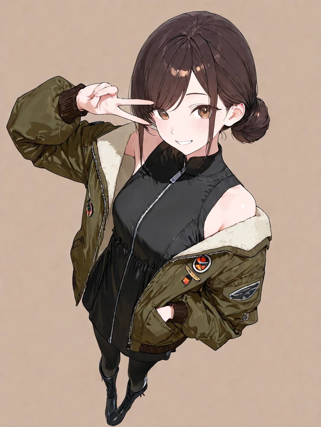 Anime girl with black off-shoulder dress and green flight jacket making a V sign