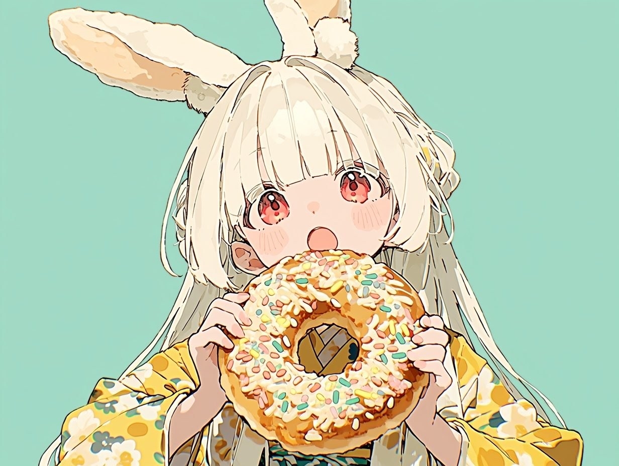 A girl with rabbit ear accessories is holding a giant donut