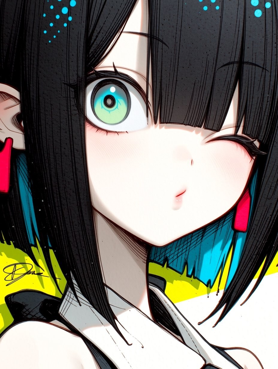 日本風のアニメ女性キャラクターのイラスト、黒い長髪に明るい青のハイライトと赤いイヤリング、元気な表情とユニークな背景