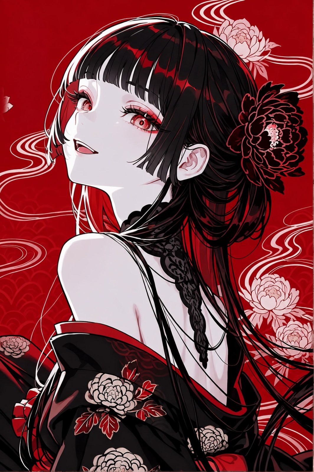 Anime-Frau mit schwarzem Haar und roten Augen trägt schulterfreies schwarzes Pfingstrosen-Kimono und blickt zurück