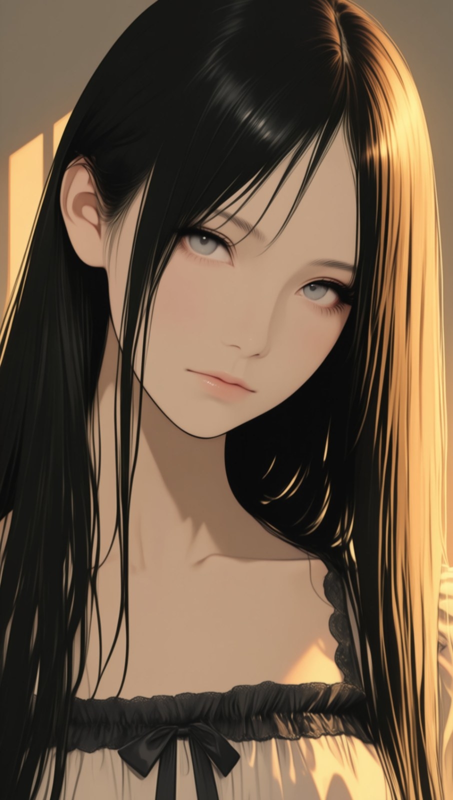Close-up portrait of a young woman with long black straight hair wearing a light-colored camisole