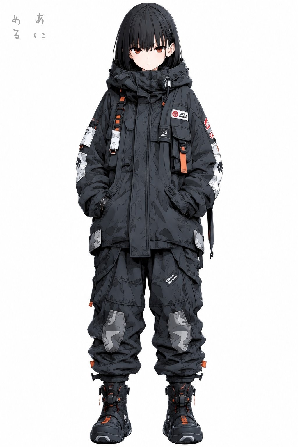 Black-haired anime girl wears black tactical hoodie and cargo pants showcasing futuristic style