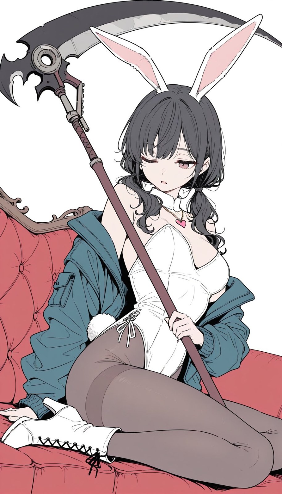 Eine schwarzhaarige Anime-Frau sitzt auf einem Sofa in einem Hasenkostüm