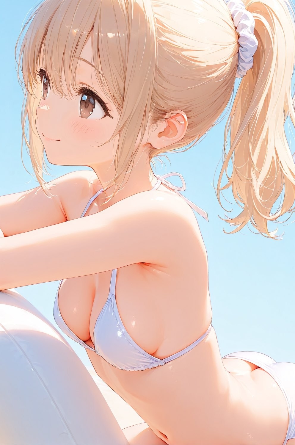 A girl with a high ponytail wearing a white bikini smiles