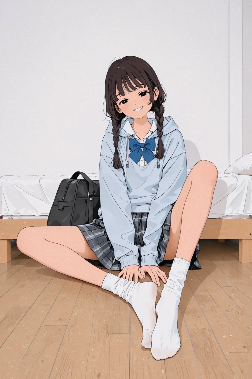A girl with brown braids wears a light blue hoodie and a gray-blue pleated skirt