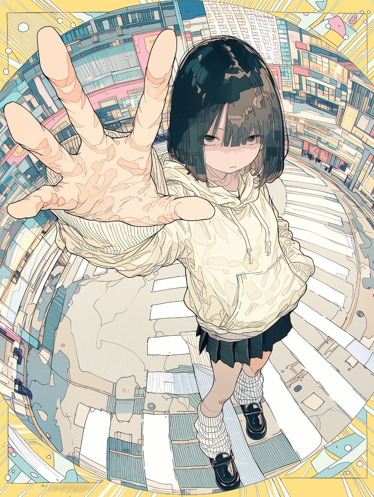 A black-haired anime girl stands on a city crosswalk wearing an ivory hoodie and dark pleated skirt
