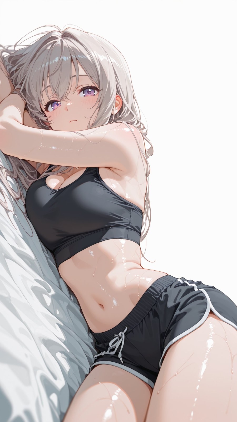 A silver-haired, purple-eyed anime female character lies on a bed wearing black sportswear